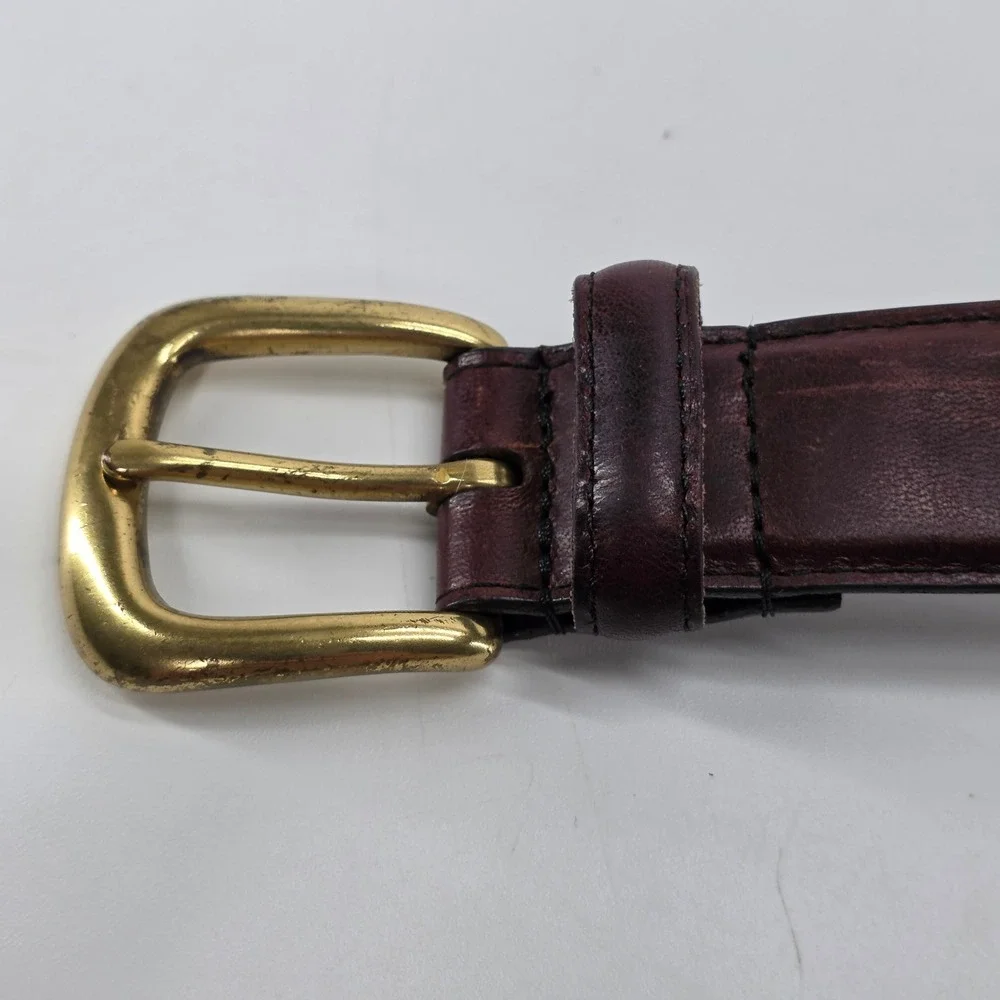 VTG Brown Leather Belt Mens 42 Oil Tanned Cowhide Solid Brass Woven Link 2534-02